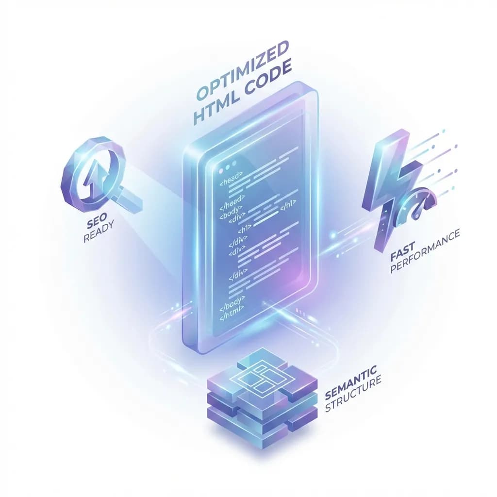 Иллюстрация чистой, SEO-оптимизированной и доступной структуры кода HTML