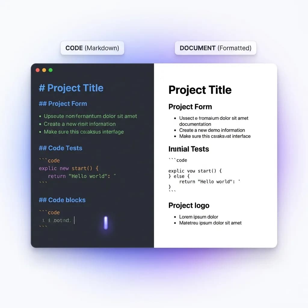 Markdown source code vs converted Microsoft Word document formatting comparison