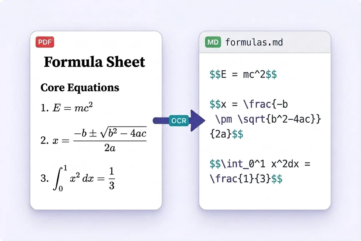 A PDF formula sheet converted by OCR into Markdown with LaTeX equations in dollar-sign blocks