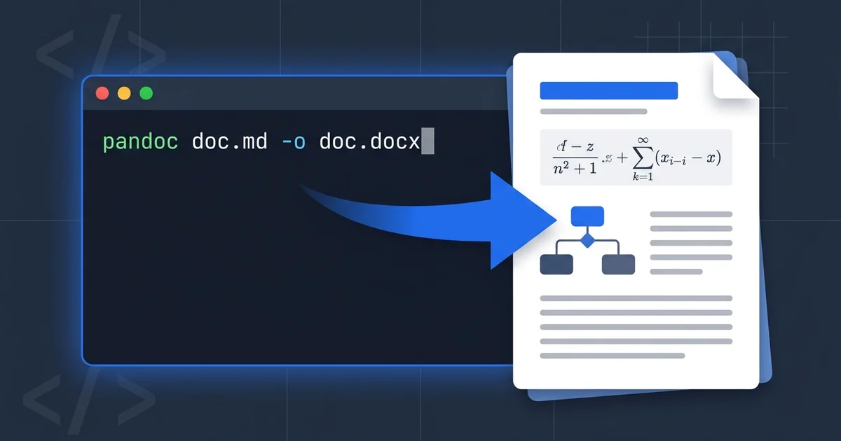 Terminal running a pandoc command converting a Markdown file to a Word document